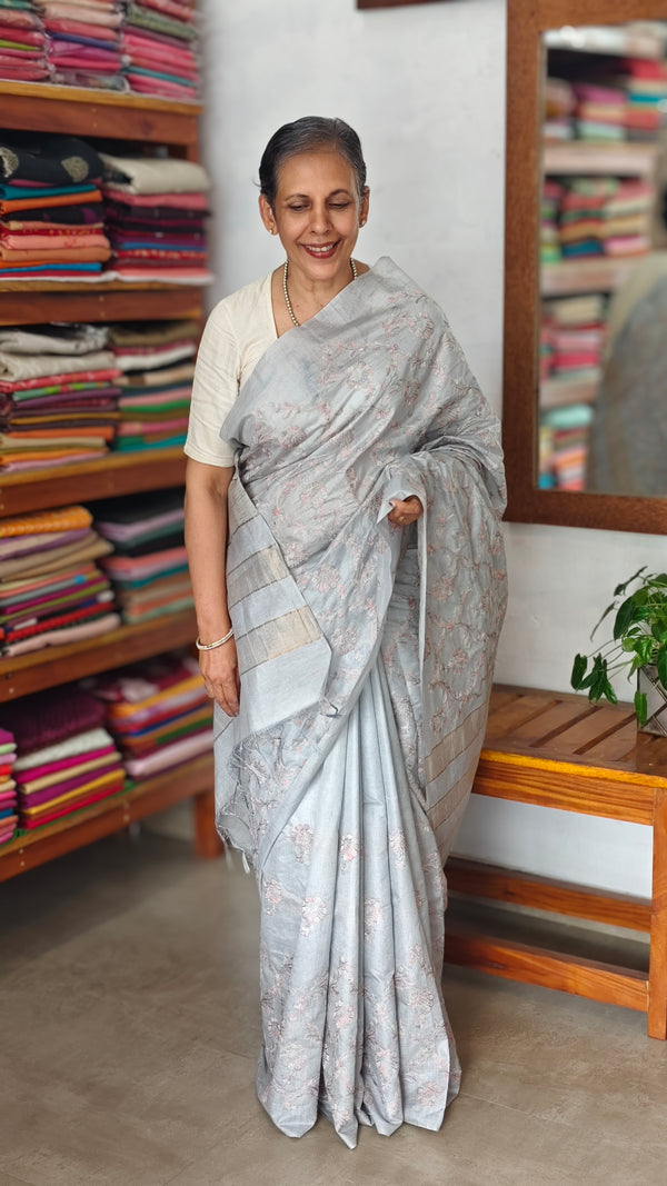 Cloud Grey Multi Thread Embroidered Tussar Silk Saree - H149