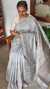 Cloud Grey Multi Thread Embroidered Tussar Silk Saree - H149