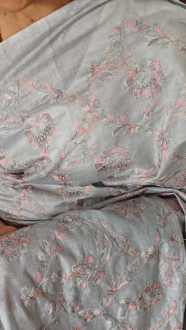 Cloud Grey Multi Thread Embroidered Tussar Silk Saree - H149