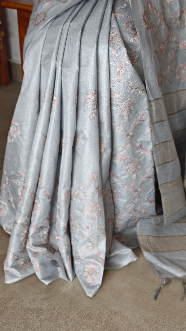 Cloud Grey Multi Thread Embroidered Tussar Silk Saree - H149
