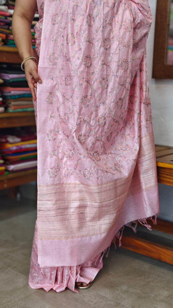 Baby Pink Multi Thread Embroidered Tussar Silk Saree - H149
