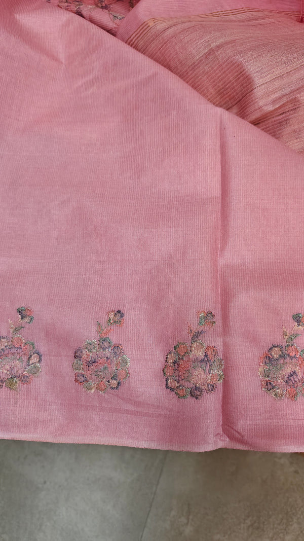 Baby Pink Multi Thread Embroidered Tussar Silk Saree - H149