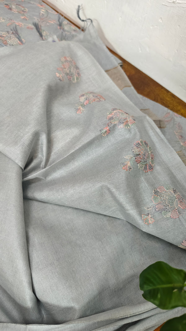 Cloud Grey Multi Thread Embroidered Tussar Silk Saree - H149