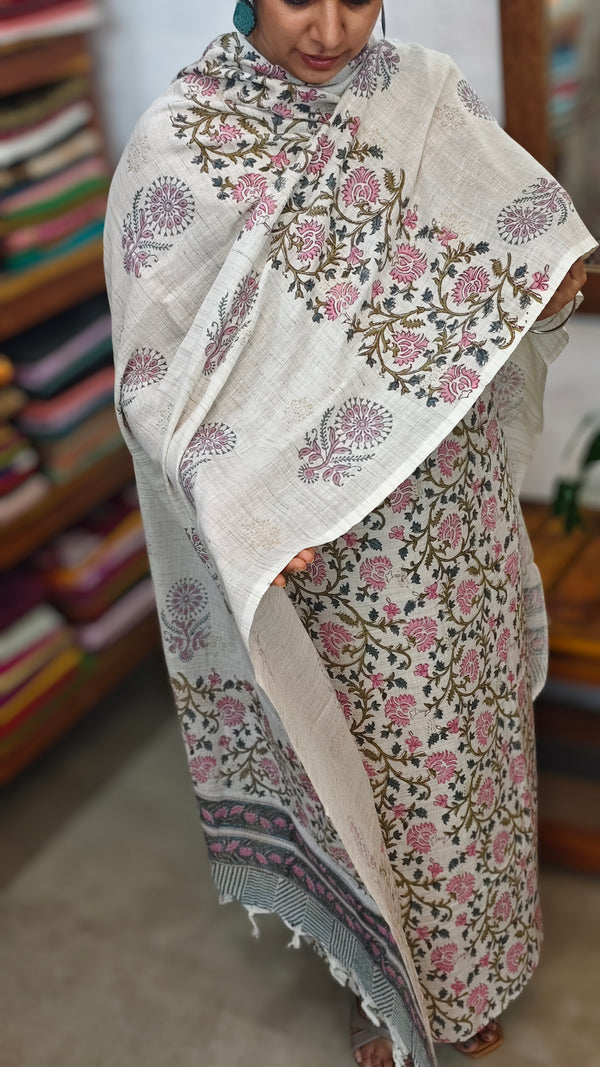 Pink and Green Block Printed Bhagalpuri Linen Suit