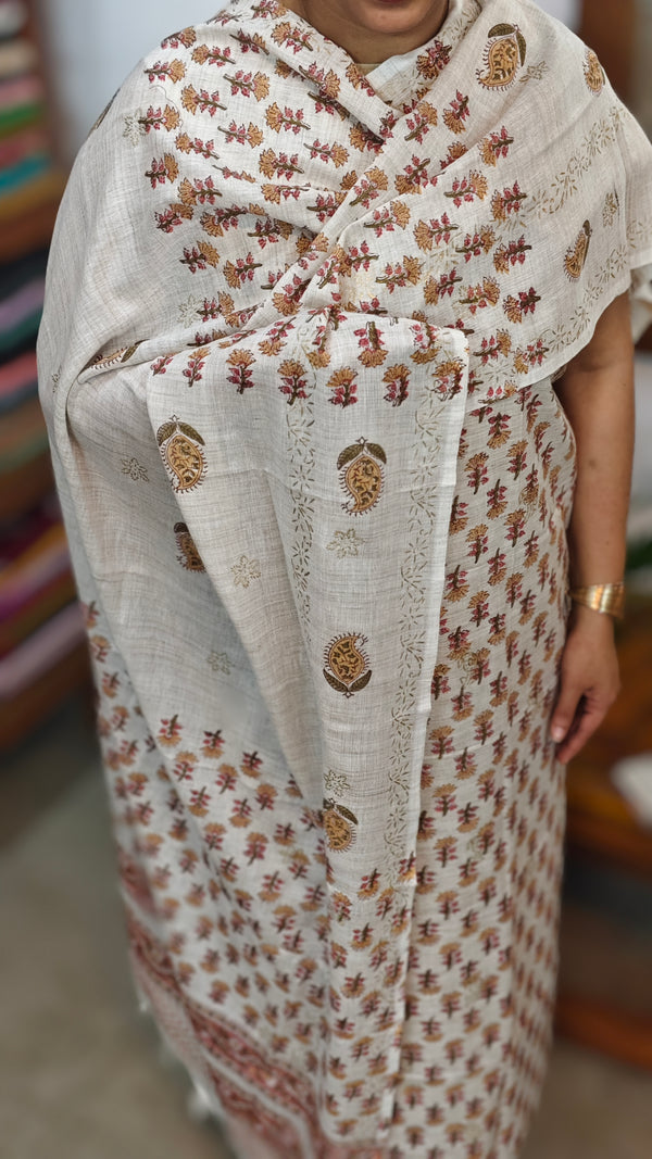 Mustard and Pink Block printed Bhagalpuri Linen Suit