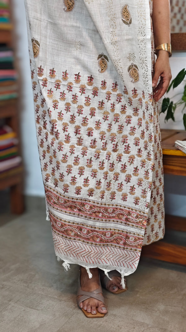 Mustard and Pink Block printed Bhagalpuri Linen Suit