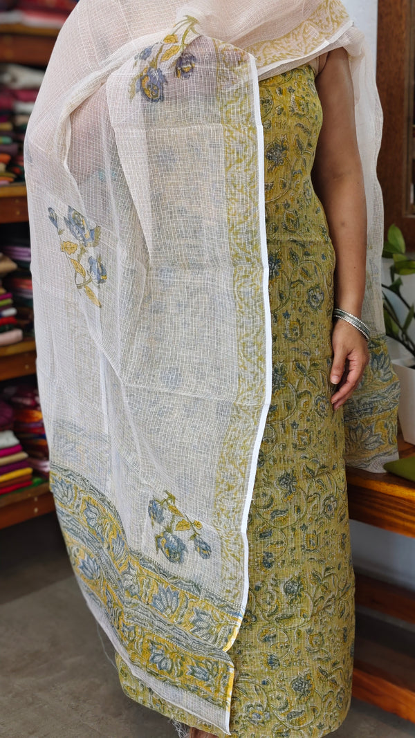 Green and Off White Block Printed Kota Doria Suit - GD331