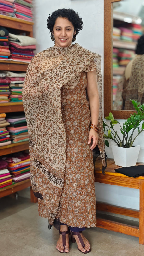 Brown and Beige Block Printed Kota Doria Suit - G331