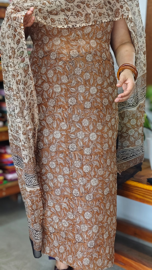 Brown and Beige Block Printed Kota Doria Suit - G331