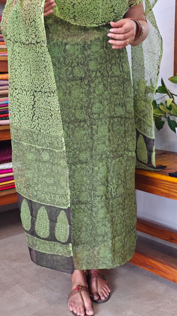 Green and Black Block Printed Kota Doria Suit - GD331