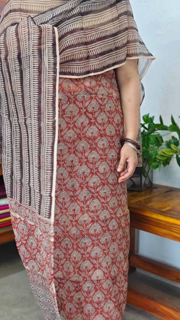 Brick Red, Beige and Black Block Printed Kota Doria Suit - GD331