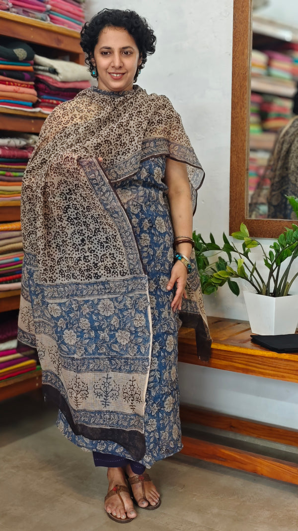 Blue, Beige and Black Block Printed Kota Doria Suit - GD331