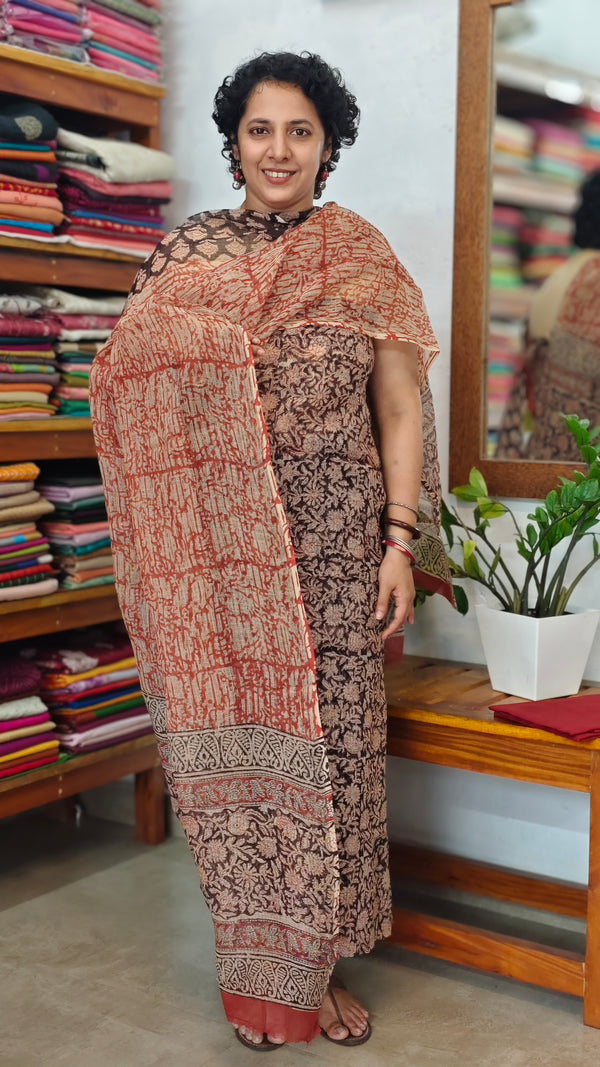 Black and Brick Red Block Printed Kota Doria Suit - GD331