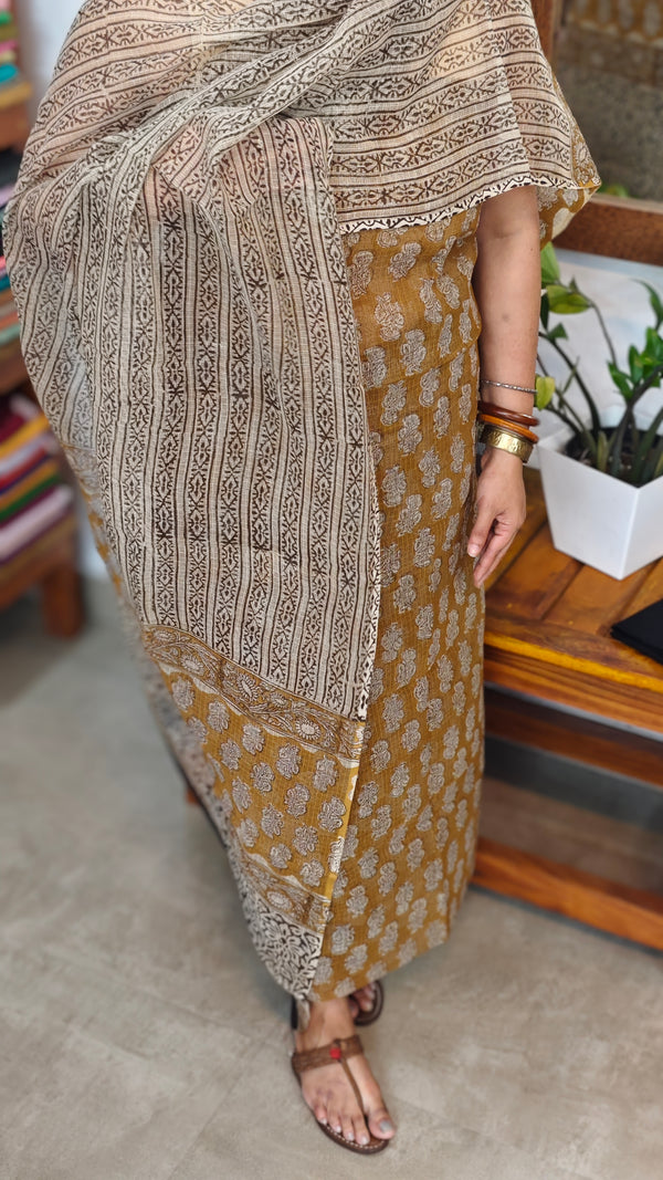 Mustard Brown Block Printed Kota Doria Suit - GD331