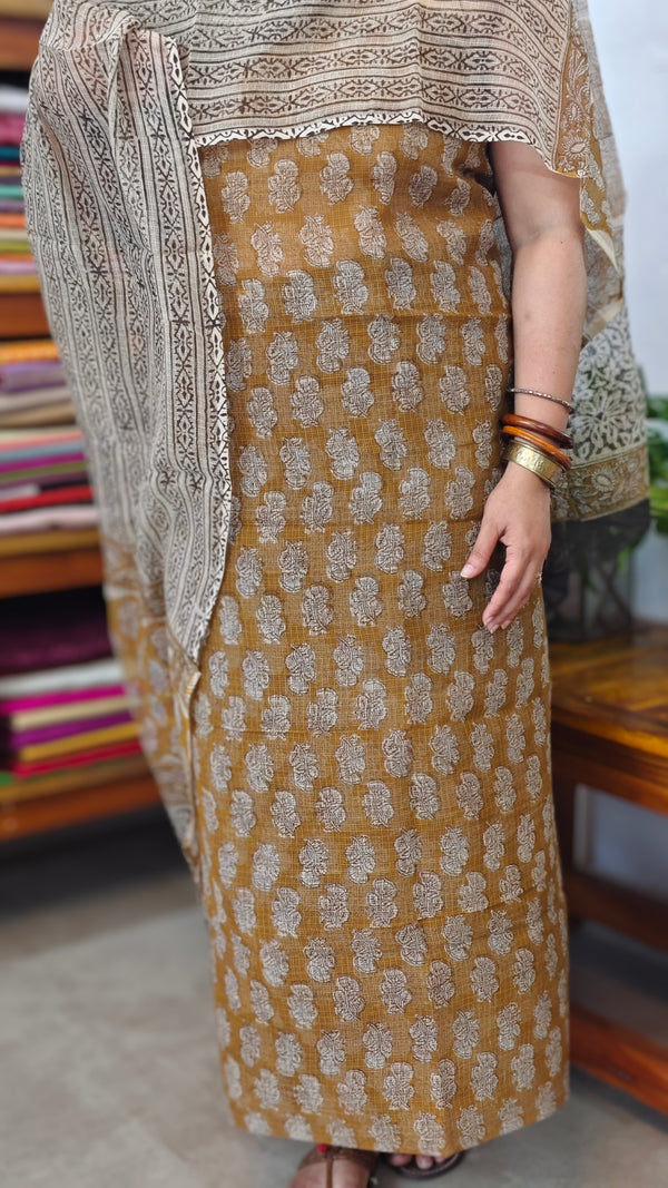 Mustard Brown Block Printed Kota Doria Suit - GD331