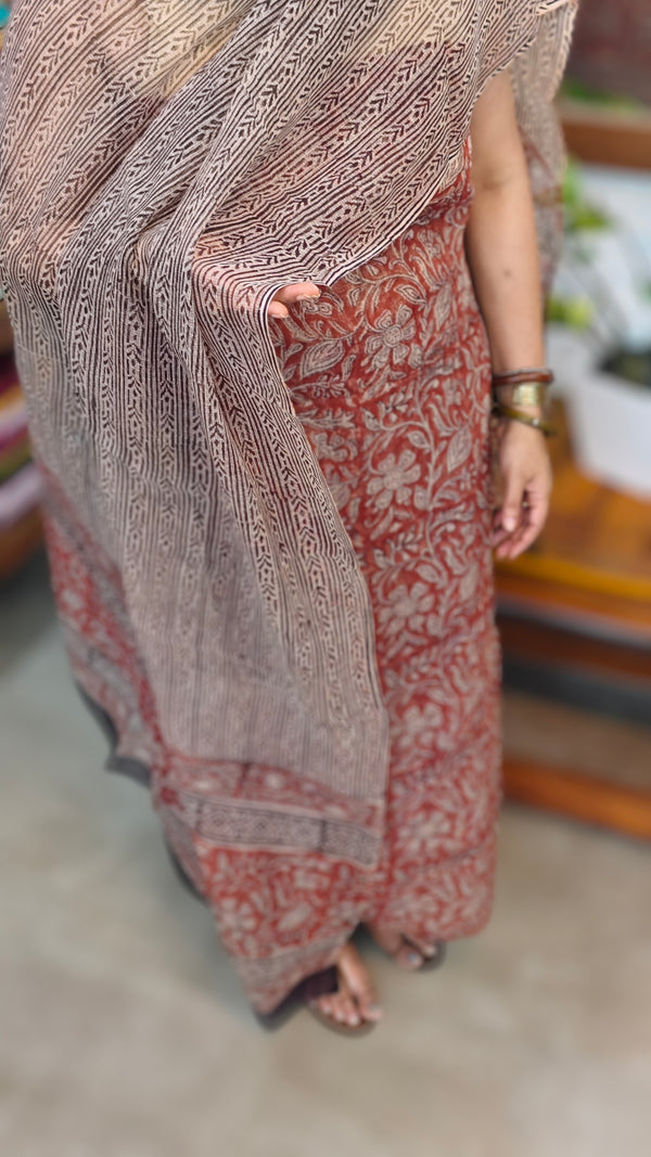 Brick Red and Beige Block Printed Kota Doria Suit - GD331