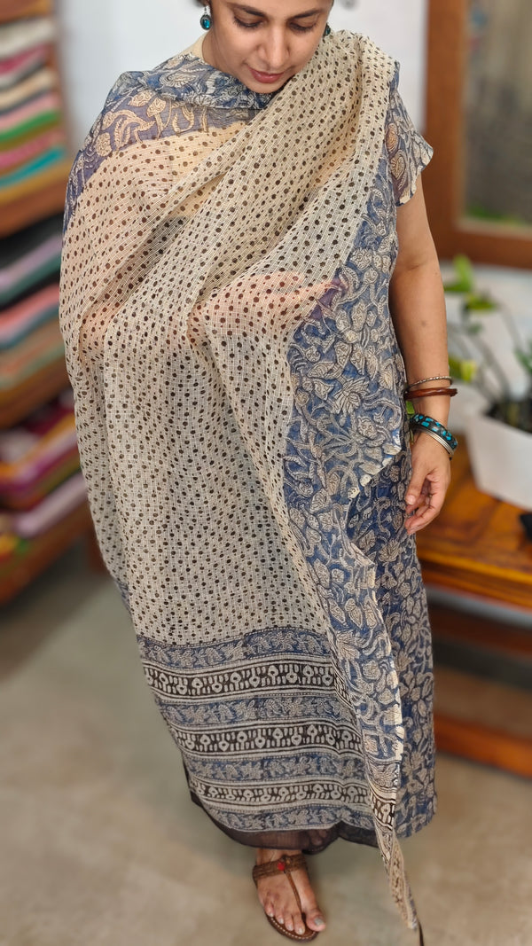 Blue and Beige Block Printed Kota Doria Suit - GD331