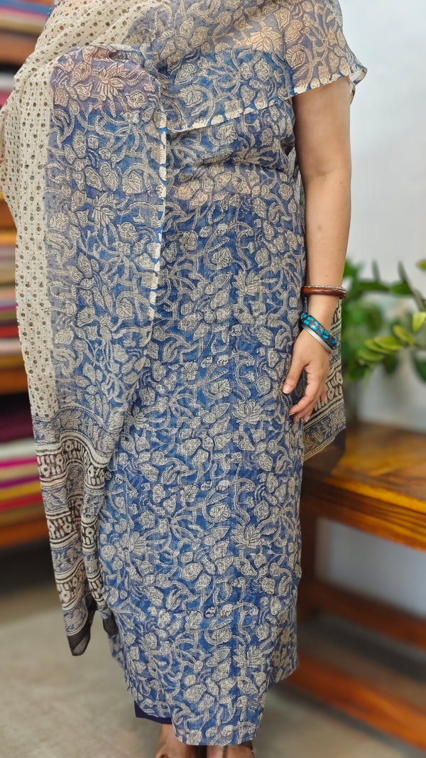 Blue and Beige Block Printed Kota Doria Suit - GD331