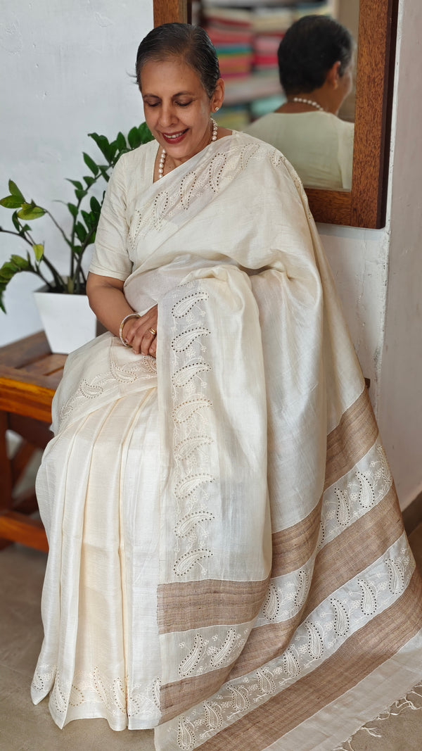 Off White Tussar Silk Saree with Cutwork Borders