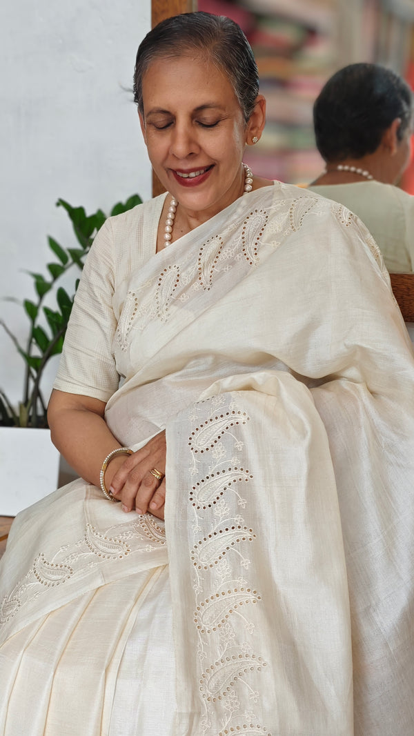 Off White Tussar Silk Saree with Cutwork Borders