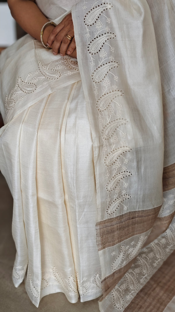Off White Tussar Silk Saree with Cutwork Borders