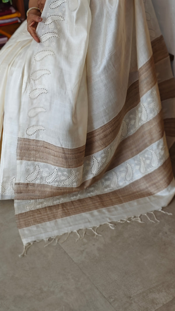 Off White Tussar Silk Saree with Cutwork Borders