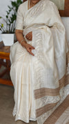 Off White Tussar Silk Saree with Cutwork Borders