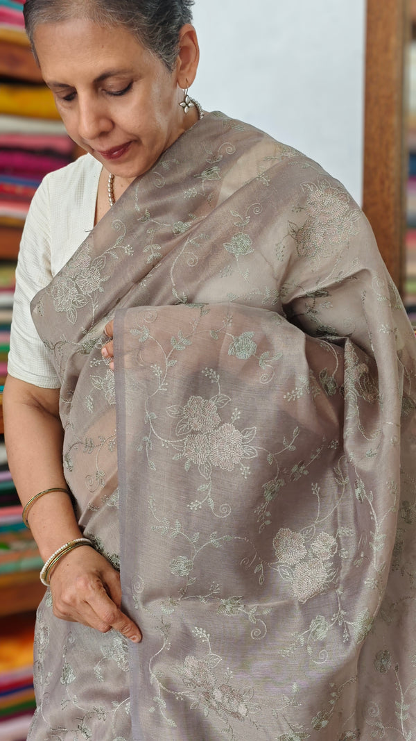 Taupe Shade Tissue Linen Saree with Embroidery - 4J12