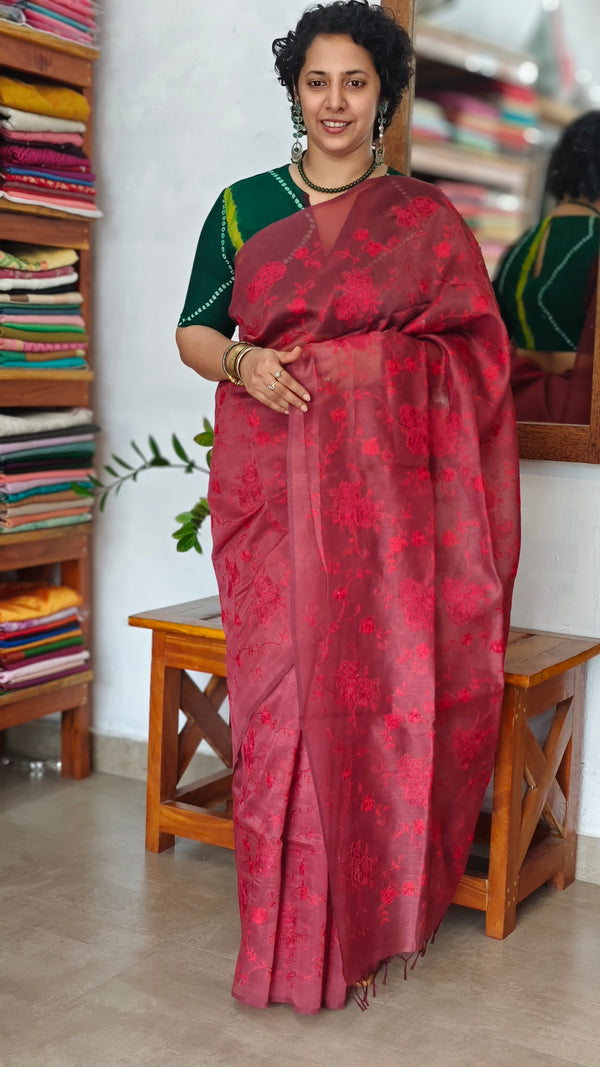 Maroon Tissue Linen Saree with Embroidery - 4J12