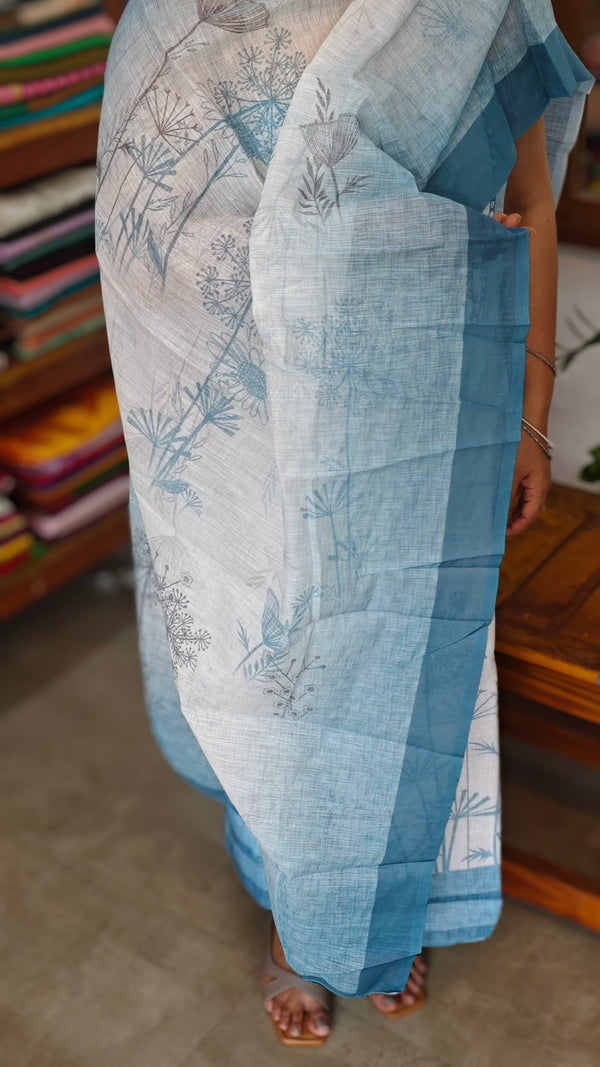 Cream and Blue Printed Linen Suit