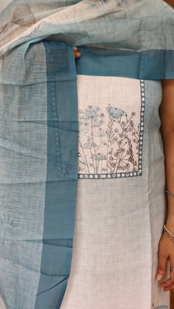 Cream and Blue Printed Linen Suit