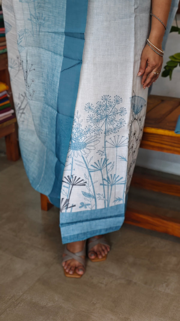 Cream and Blue Printed Linen Suit