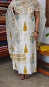 Off White Block Printed Cotton Suit with Kota Doria Dupatta