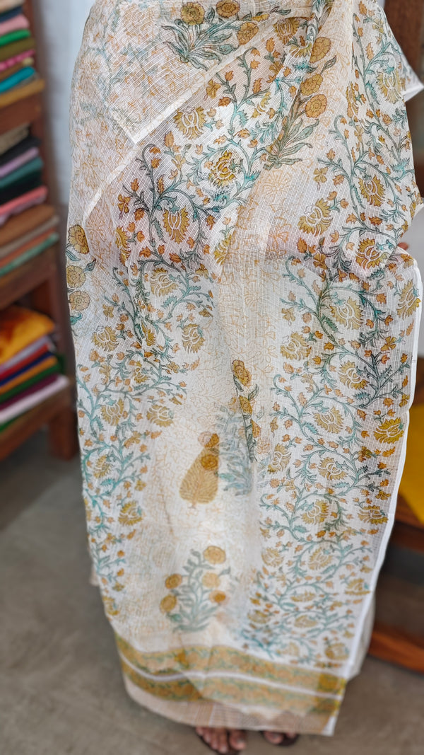 Off White Block Printed Cotton Suit with Kota Doria Dupatta