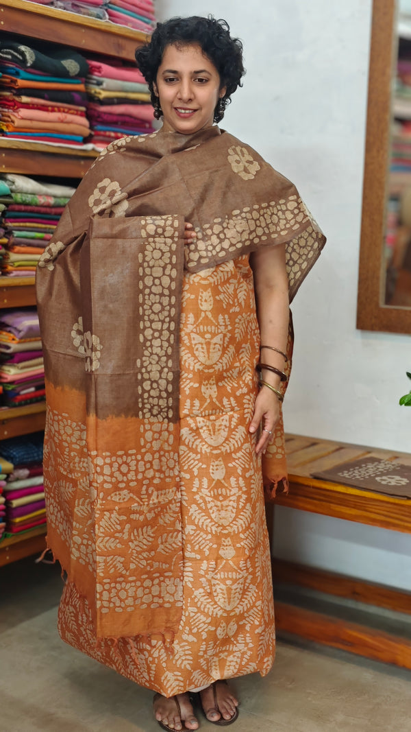 Mustard and Brown Batik Printed Slub Cotton Suit - E