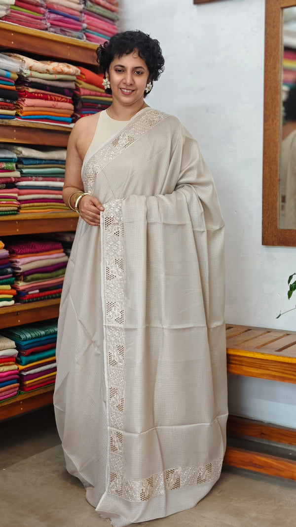 Greige Net Kota Saree with Cutwork -409M