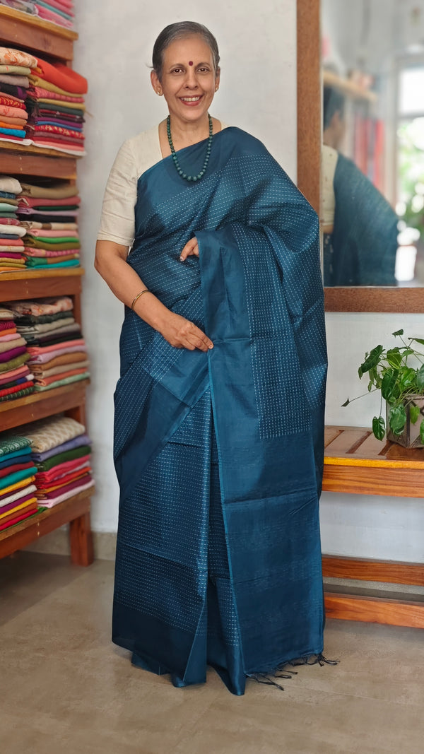 Classic Blue Lined Noil Tussar Silk Saree - 174D