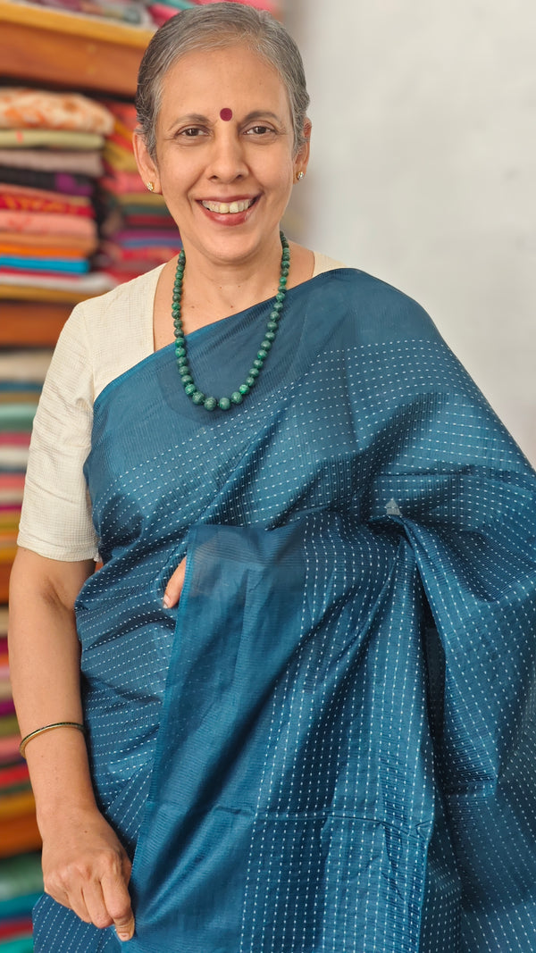 Classic Blue Lined Noil Tussar Silk Saree - 174D