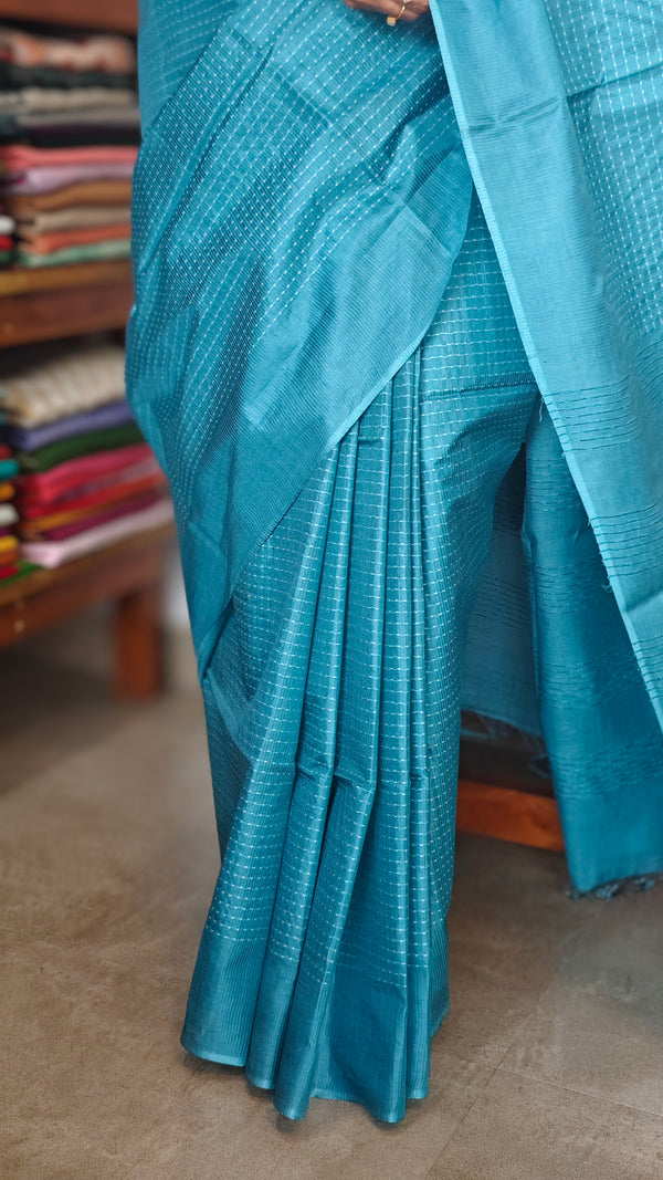 Sky Blue Lined Noil Tussar Silk Saree - 174D