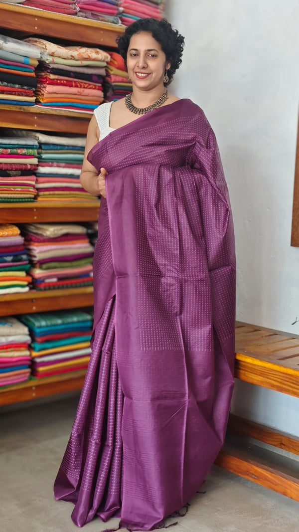 Wine Lined Noil Tussar Silk Saree - 174D