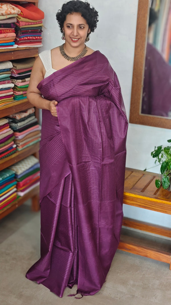 Wine Lined Noil Tussar Silk Saree - 174D