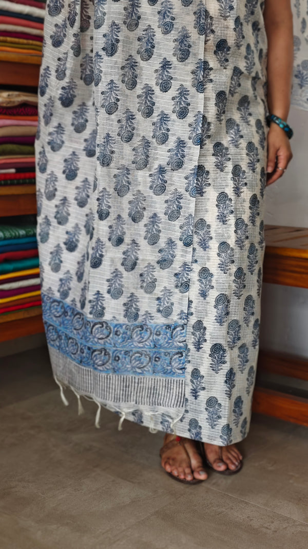 Off White and Blue Super Net Kota Suit