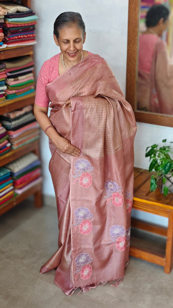 Nude Pink Tussar Silk Saree