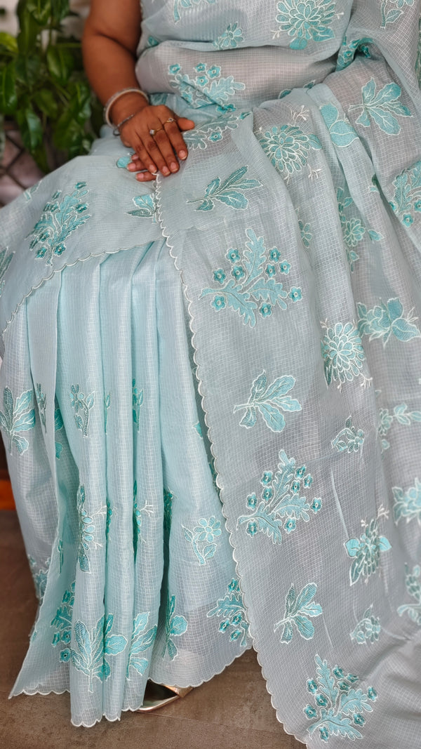 Light Blue Embroidered Kota Saree - RN233