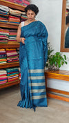 Classic Blue Lined Noil Tussar Silk Saree with Embroidery