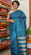 Classic Blue Lined Noil Tussar Silk Saree with Embroidery