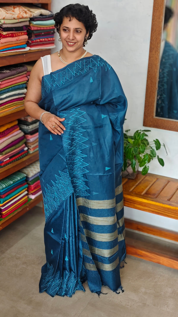 Classic Blue Lined Noil Tussar Silk Saree with Embroidery