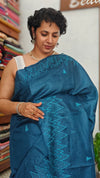 Classic Blue Lined Noil Tussar Silk Saree with Embroidery