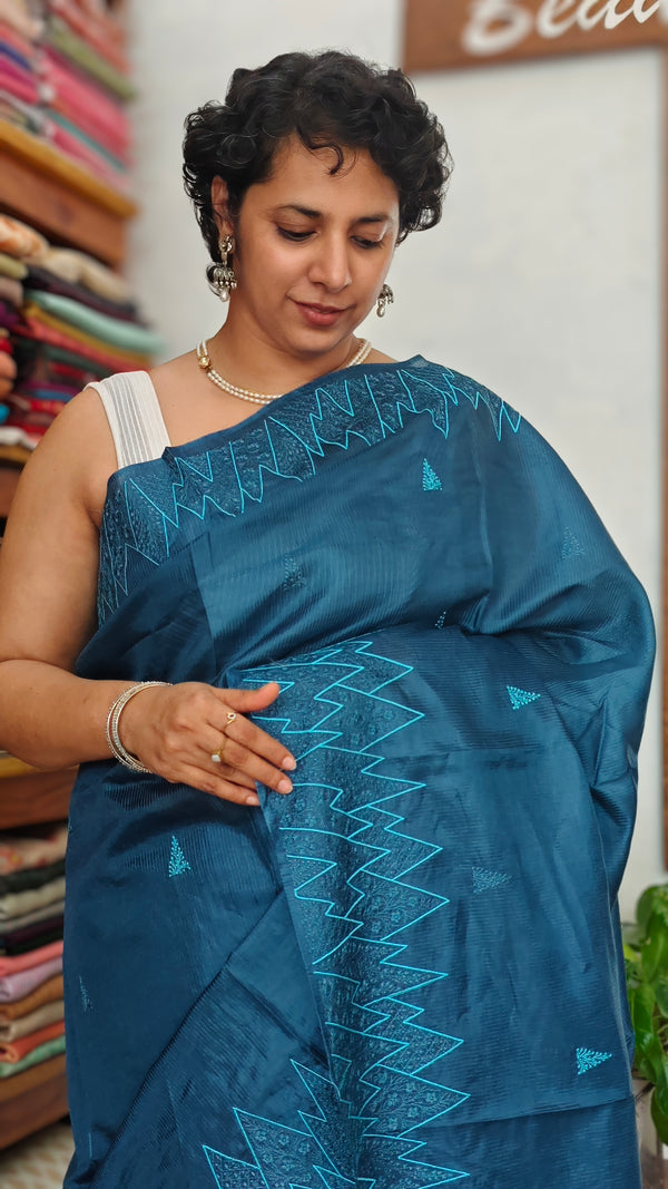 Classic Blue Lined Noil Tussar Silk Saree with Embroidery