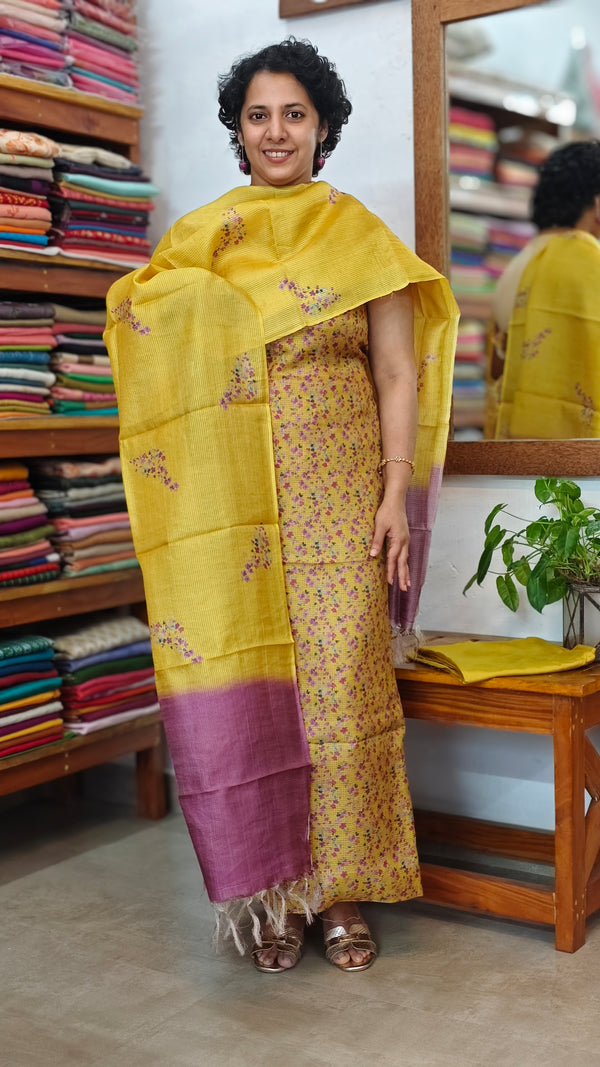 Mustard and Purple Checked Tussar Suit - G913